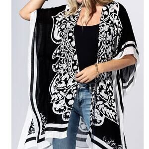 Coal Black & White Damask Floral Open-Front Kimono
